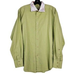 ROBERT GRAHAM Shirt Mens Large Green Plaid Contrast Collar Floral Long Sleeve